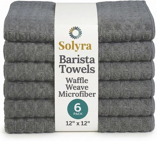 Solyra Barista Towels, 6 Pack, 12" x 12", Dark Gray | Oeko-Tex Certified, Microfiber Cloth, Coffee Towel