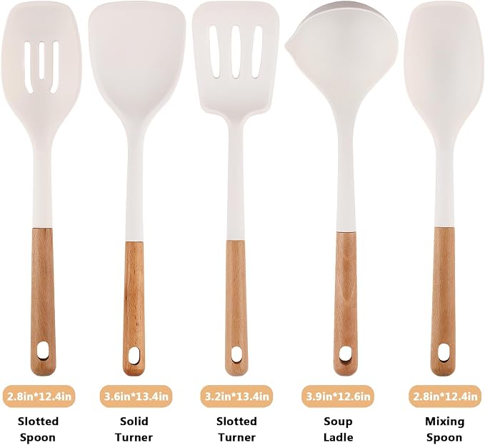 Silicone Cooking Utensils Set 5 Pcs Large Non-Stick Kitchen Utensils Set, Wooden Handle Heat Resistance Turner Soup Ladle Spoon Silicone Cooking Kitchen Gadgets BPA Free for Nonstick Cookware