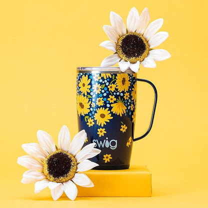 Swig Life 18oz Travel Mug, Insulated Tumbler with Handle and Lid, Cup Holder Friendly, Dishwasher Safe, Stainless Steel, Travel Coffee Cup (Lazy Daisy)