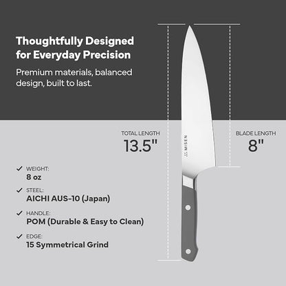 Misen 8 Inch Chef Knife, AUS-10 Japanese Stainless Steel - Gray