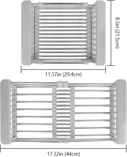 LUEXBOX Expandable Dish Drying Rack Over The Sink, Stainless Steel Drainer Basket with Adjustable Arms for Vegetable and Fruit (Grey)