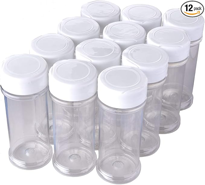 12 Pack of 6 Oz. Empty Clear Plastic Spice Bottles with White Sprinkle Top Lids For Storing and Dispensing Salt, Sweeteners and Spices - Food-Grade Spice Jars for Kitchen and Home Spice Organization