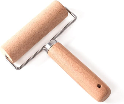Wooden Dough Roller Large Single Wheel Handheld Rolling Pin for Pastry Pizza Baking Handmade Beechwood Kitchen Tool(6.49 x 4.72Inch)