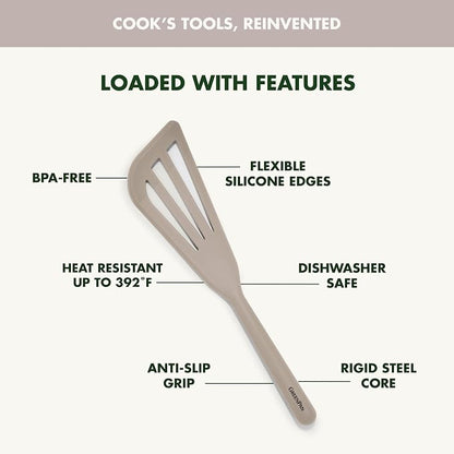 GreenPan Silicone Fish Turner Spatula, Slotted Cooking Kitchen Utensil, Flexible Rubber Nonstick Cookware, Rigid Steel Core, Heat-Resistant, Anti-Slip Handle, BPA-Free, Dishwasher Safe, Taupe