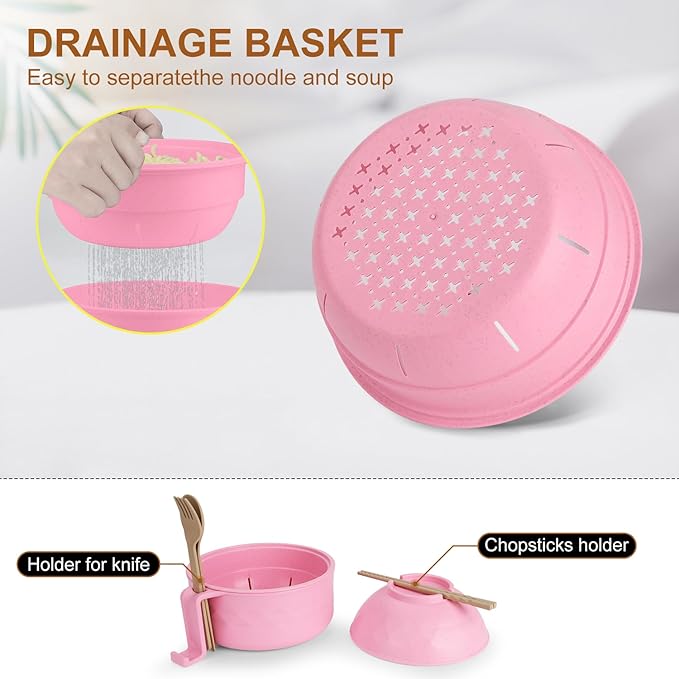 Ramen Bowl Set, Ramen Cooker 33 oz, Ramen Bowls with Chopsticks and Spoon, Microwave Pasta Cooker, Ramen Bowl Microwave Gift College Dorm Essentials for Girls (Pink)