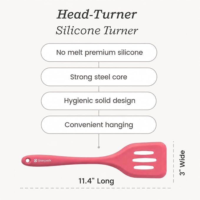 Starpack 'Head Turner' Premium Silicone Turner Spatula - Up to 600°F High Heat Resistant 11.4" Slotted Spatulas for Cooking - LFGB Grade Non-Stick Rubber Spatula with Solid Stainless Steel Core - Pink