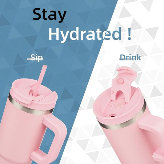 Konokyo 40 oz Tumbler with Handle and 2 Straws,2 in 1 Lid Insulated Water Bottle Stainless Steel Travel Coffee Mug,Pink