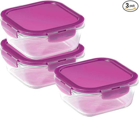 LocknLock Eco Ovenglass Glass Food Containers with Lids Set of 3 - Airtight, Leakproof Square Food Storage Containers with Recycled Plastic Lids, Oven Safe, Dishwasher Safe, 3 x 750ml, Assorted Colors