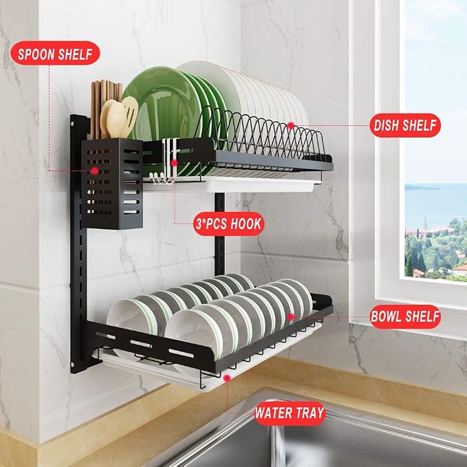 junyuan Kitchen Dish Rack,Hanging Dish Drying Rack Organizer Storage Shelf Over Sink,2 Tier Wall Mount Bowl Holder with Drain Tray and Silverware Stainless Steel Black Coating Ajustable Height