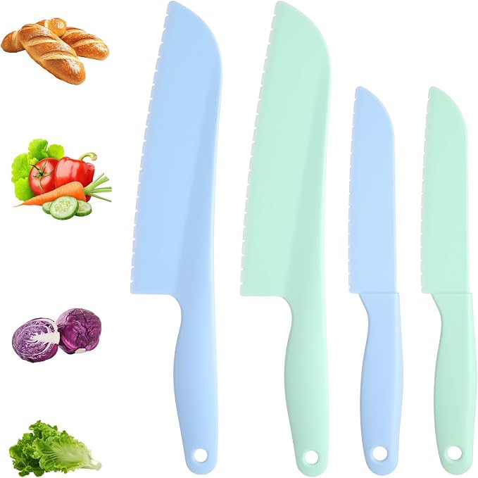 4 Pack Lettuce Knife 11/8.5" Plastic Cake Knifes to Prevent Browning Serrated Kitchen Cutter for Cutting Fruits, Cakes and Bread Dishwashable Safe for Kids Nylon Cutters for Nonstick Pans(Blue& Green)