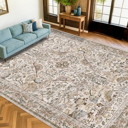 Washable Floral 10x12 Area Rug for Living Room - Floral & Bird Soft Rugs for Bedroom, Non Slip Washable Carpet for Dining Room Under Table, Vintage Moss Indoor Décor, Low Pile Stain Resistant