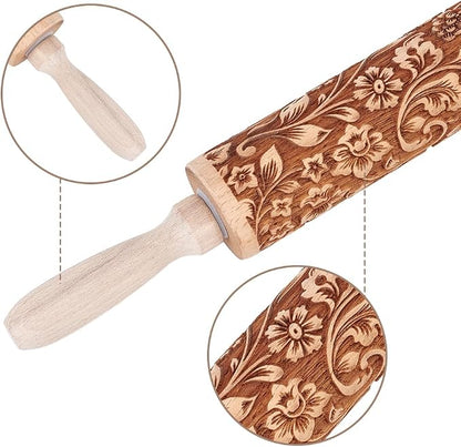 Embossed Wooden Rolling Pin Darker 3D Flower Rattan 35cm Rolling Pin for Thanksgiving Baking Biscuits DIY Kitchen Tool Baking Accessories Homemade Bakery Pastry Cookie Fondant Dough Pizza