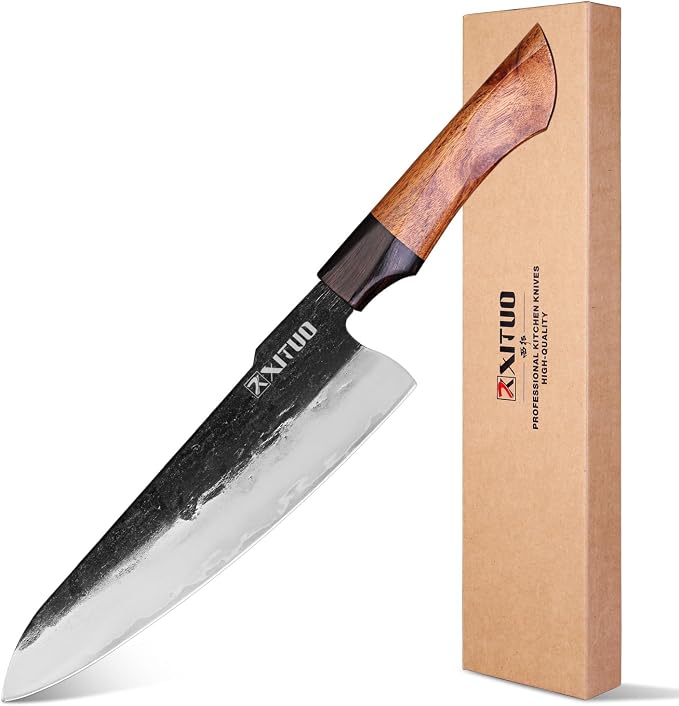 XITUO Hand-Forged Triple-Layered High Carbon Steel Knife – Professional Kitchen Knives with Ebony Sandalwood Handle, Ultra Sharp for Home Chefs (Chef Knife B)