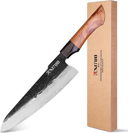 XITUO Hand-Forged Triple-Layered High Carbon Steel Knife – Professional Kitchen Knives with Ebony Sandalwood Handle, Ultra Sharp for Home Chefs (Chef Knife B)