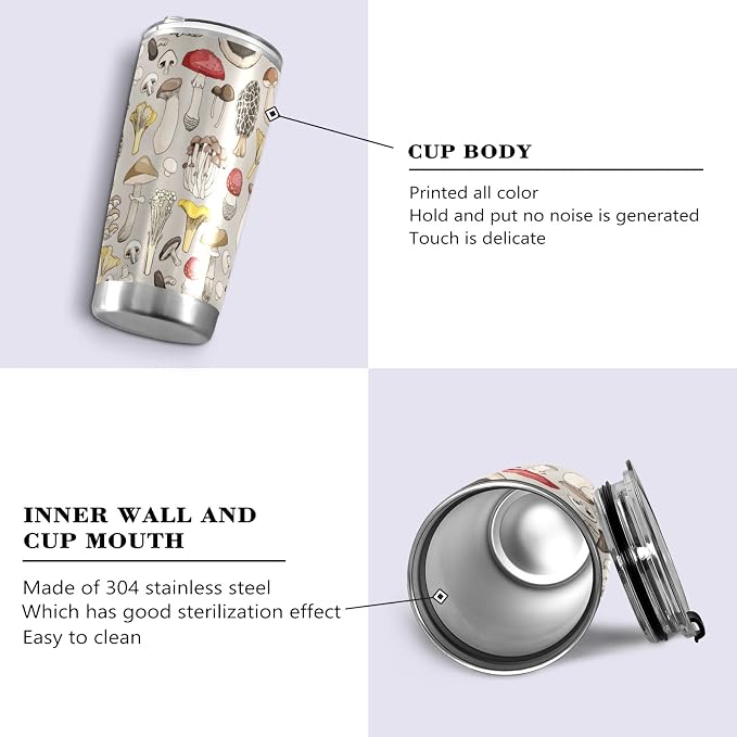 Tumbler Mushroom Toadstool Insulated Coffee Cup Beverage Container Travel Mug with Straw and Lid Double Wall Stainless Steel 20oz Holiday Gift
