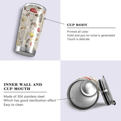 Tumbler Mushroom Toadstool Insulated Coffee Cup Beverage Container Travel Mug with Straw and Lid Double Wall Stainless Steel 20oz Holiday Gift