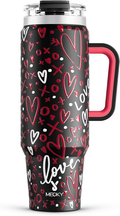 Meoky 40 oz Tumbler with Handle and Straw, Insulated Tumbler with Lid and Straw, Stainless Steel Travel Mug, Keeps Cold for 34 Hours, 100% Leak Proof, Fits in Car Cup Holder (Romance)