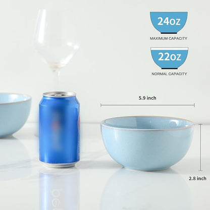 Cereal Bowls, 24 oz Ceramic Bowls Set of 4, Stoneware Bowl Set for Salad, Kitchen, Soup, Dessert, Ramen, Dishwasher and Microwave Safe, Skyblue
