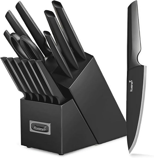 KUISINE Upgraded Chef Knife Set One Piece Molding High Carbon Stainless Steel,Super Sharp Blade Ergonomic Steel Handle,Knife Block Set with Built-in Sharpener(EX Black Pro,15PCS)