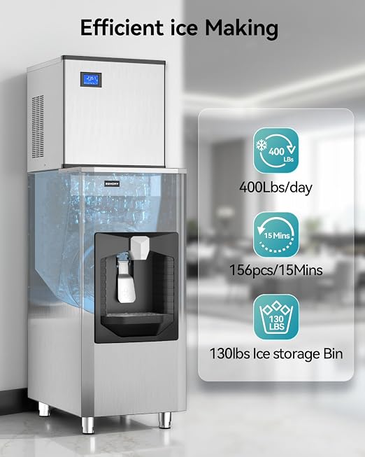 EUHOMY Commercial Ice Maker Machine 400Lb/24H, Ice Ready in 10-15 min, SECOP Compressor, Freestanding Industrial with 130Lbs Automatic Ice Bin Dispenser for Hotel/Restaurant/Business