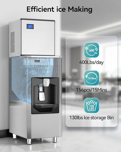 EUHOMY Commercial Ice Maker Machine 400Lb/24H, Ice Ready in 10-15 min, SECOP Compressor, Freestanding Industrial with 130Lbs Automatic Ice Bin Dispenser for Hotel/Restaurant/Business