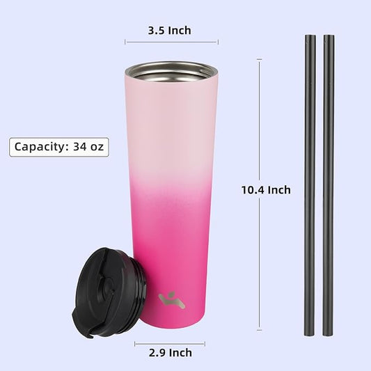 Konokyo 34 OZ Insulated Tumbler with Lid and 2 Straws Stainless Steel Water Bottle Vacuum Travel Mug Coffee Cup,Pastel Sunset