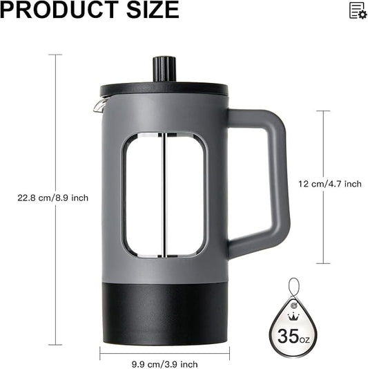 YOLIFE French Press Coffee Maker, 34 oz / 4 Cup Coffee Tea Press with Heat-resistant Borosilicate Glass, 4-Level Filtration Systems, Cold Brew Coffee Maker for Camping Travel Gifts, Grey and Black