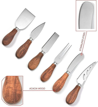 YUANQIAN Cheese Knife Set with Acacia Wood Handles - Cheese Knife, Spreader, Fork, Slicer - Mini Stainless Steel Cheese Tools for Charcuterie Boards (6Pcs/Set, S)
