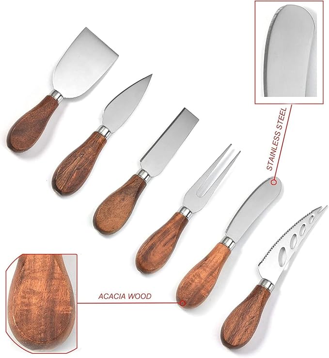 Premium Stainless Steel Cheese Tool Set - Acacia Cheese Knife Set - Cut, Spread All Your Favorite Cheeses (6 Acacia Cheese Set)