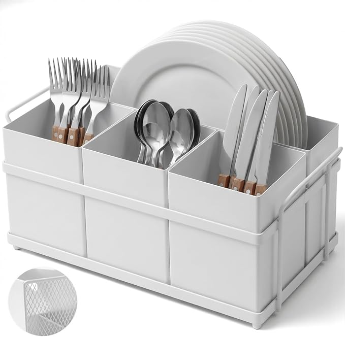 Utensil Holder Mesh Drainage Holes, 4pcs Bins Set Countertop Utensil Holder for Plate, Spoons, Forks and Knives, Cutlery Organizer Suitable for Party, Kitchen Counter, White