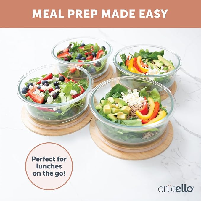 Crutello Glass Storage Containers with Bamboo Lids - Eco-Friendly Non Toxic Meal Prep Jars with Wooden Lid for Fridge and Kitchen Organization - Non Plastic Container for Fruit Bowls - 32 oz - 4 Pack
