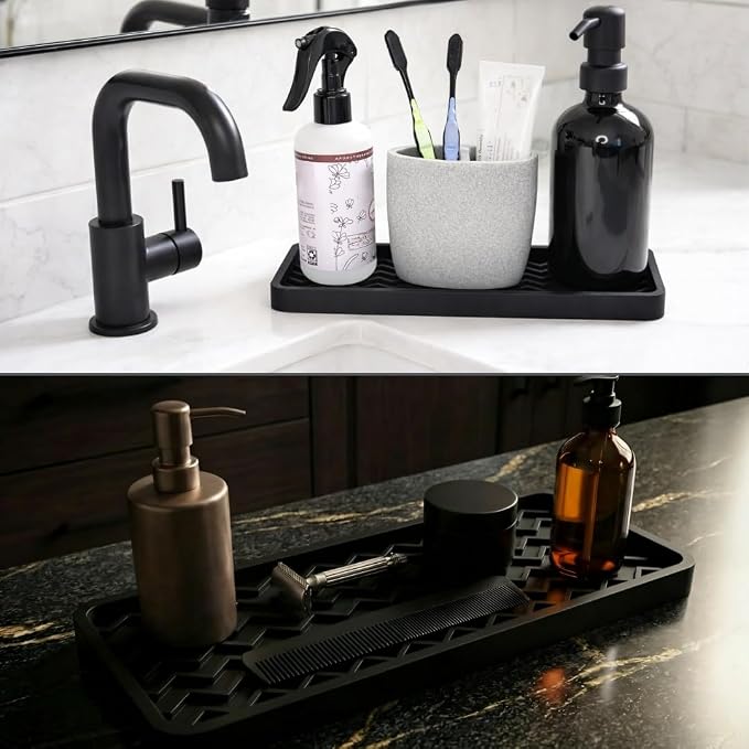 Silicone Sink Organizer Tray, Rectangular, Modern Style, Heat Safe, Dishwasher Safe, for Bathroom and Kitchen Organization (Grey, 12"x4", Chevron Pattern)