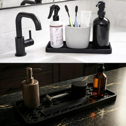 Silicone Sink Organizer Tray, Rectangular, Modern Style, Heat Safe, Dishwasher Safe, for Bathroom and Kitchen Organization (Grey, 12"x4", Chevron Pattern)