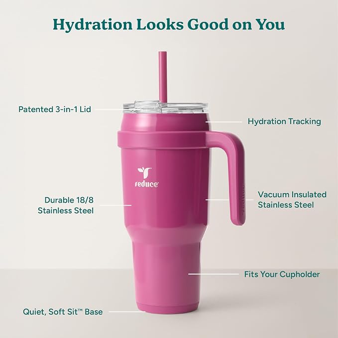 REDUCE 40 oz Stainless Steel Tumbler with Handle - Dual-Wall Vacuum Insulated Travel Mug, Sweat-Proof Lid & Reusable Straw - Keeps Drinks Cold for 24 Hrs, Fits Cupholders, Dishwasher Safe - Sangria