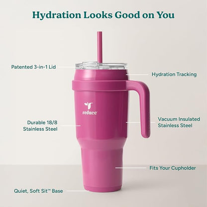 REDUCE 40 oz Stainless Steel Tumbler with Handle - Dual-Wall Vacuum Insulated Travel Mug, Sweat-Proof Lid & Reusable Straw - Keeps Drinks Cold for 24 Hrs, Fits Cupholders, Dishwasher Safe - Sangria