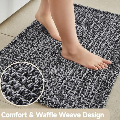TYUU Waffle Bath Mat, Boho Bathroom Rugs Non Slip, 48x24 Black & White