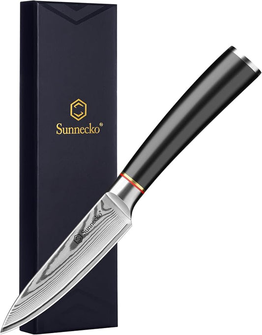 Sunnecko Damascus Paring Knife,Japanese VG10 Core Steel Damascus Fruit Knife,Professional Razor Sharp Small Kitchen Knives with Knives Sharpner