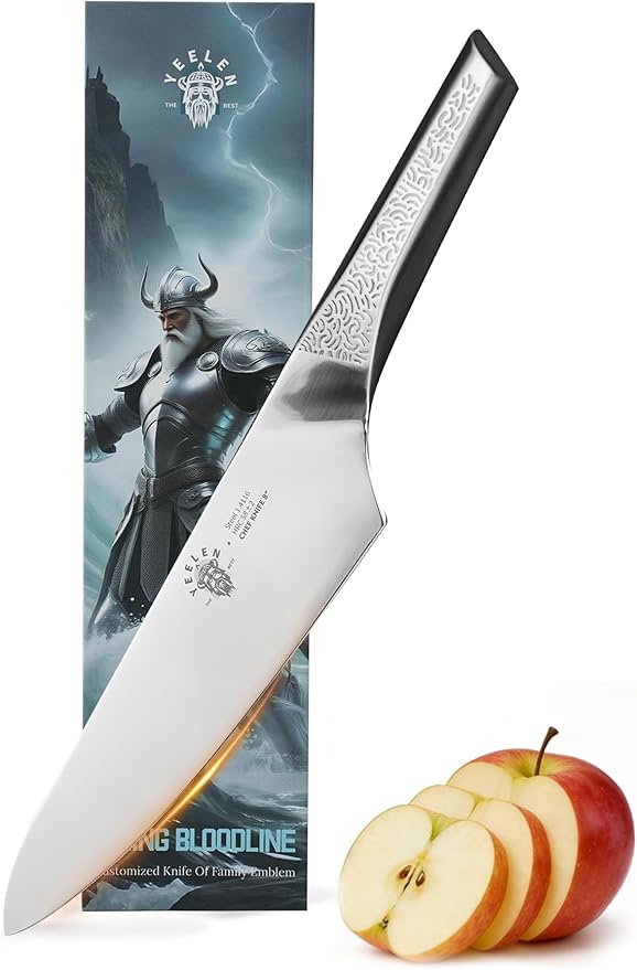 All Steel Chef Knife with Mirror Finish Blade, 8 inch German 1.4116 Steel Kitchen Knife, Anti-Slip Handle, Lightweight Cutting & Cooking Knife for Meat, BBQ & Daily Kitchen Use