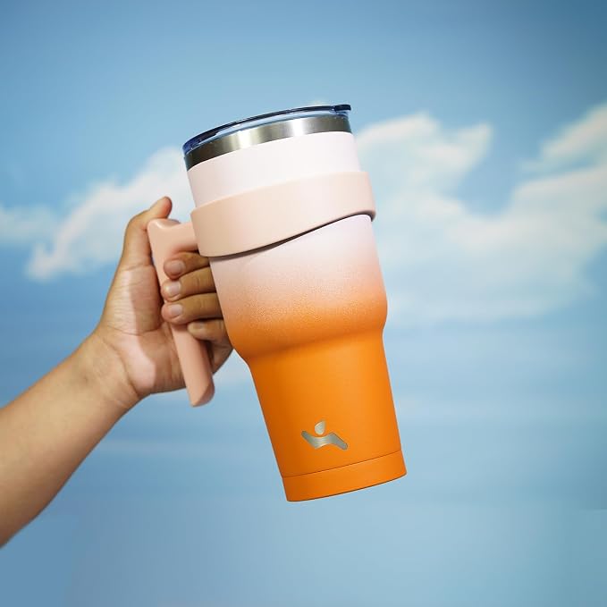 Konokyo 40 oz Tumbler with Handle and 2 Straw 2 Lid, Insulated Water Bottle Stainless Steel Vacuum Cup Reusable Travel Mug,Coral