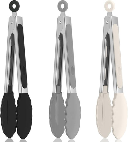Small Cooking Tongs 7 inch Mini Serving Tongs with Silicone Tips, Set of 3 (Black + Grey + White)