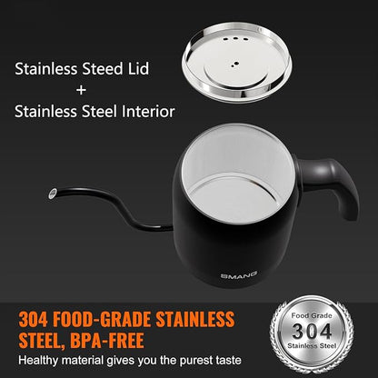 Gooseneck Electric Kettle with ±1℉ Temperature Control & Keep Warm for Pour Over Coffee & Tea, Rapid Boil, 304 Stainless Steel, Built-in Brew Timer, 900W 0.6L (600 ML)