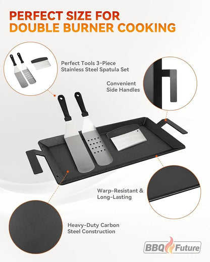 Carbon Steel Griddle for Gas Grill with Spatula Set, 24" x 10" Flat Top Griddle for Stove Top, Induction & Electric Cooktop, Double Burner Griddle Pan, Nonstick Cookware Griddle Insert