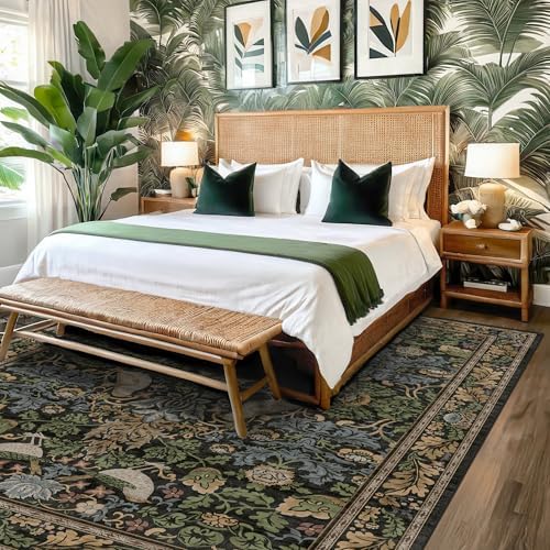 Botanical 10x14 Area Rug for Living Room, Extra Large Bedroom - Washable Rug for Dining Room Under Table Stain Resistant, Brown Green Boho Bird Vintage, Soft Floor Carpet Low Pile