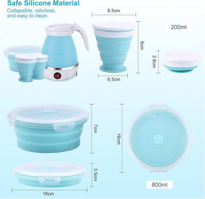 Portable Electric Kettle Travel Size, 600ML Small Foldable Tea Coffee Kettle with Collapsible Bowl and Cups, 5 Min Fast Water Boiling, BPA Free Food Grade Silicone, 110V 400W