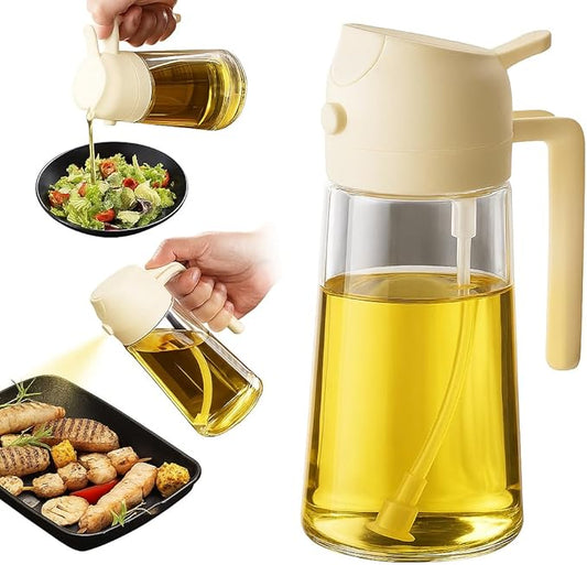 2 in 1 Olive Oil Sprayer & Dispenser Bottle – 470ml/16oz Glass Spray and Pour Oil Bottle for Cooking, Air Fryer, Salad, BBQ – Kitchen Gadgets & Accessories (White)