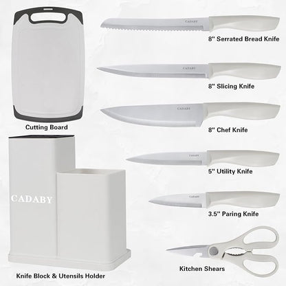 19 PCS Kitchen Cooking Utensils Set, 11 Pieces Silicone Cooking Utensils Set 6 Pieces Sharp Stainless Steel White Knife Set with 1 Piece Cutting Board, Ideal for Apartment