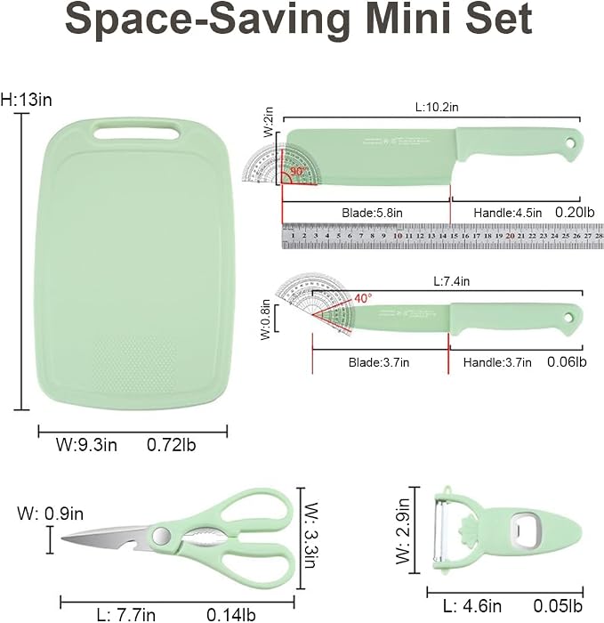 5 in 1 Mini Knife and Cutting Board Set, Small Camping Cutting Board Cutting Board Scissors, Dorm Kitchen Essentials Travel Knife Set (Green)