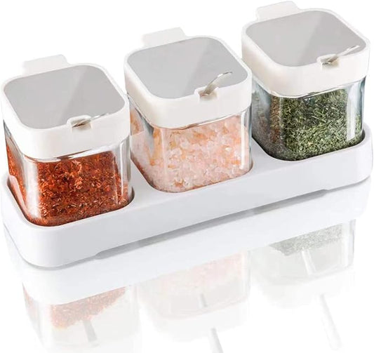 Mlici 8.6 oz Condiments Container Seasoning Jars, Kitchen Spicy Jars with Lids and Spoons, Tea Coffee Sugar Canisters Glass Spice Box, Set of 3, Containers, White