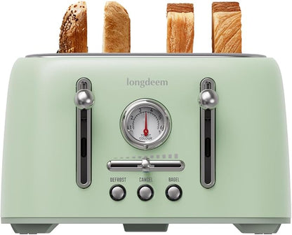 Retro 4-Slice Toaster - 6 Settings, Stainless Steel Body, Defrost/Cancel Button & Crumb Tray, Vintage Green