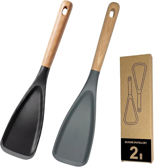 Silicone Cooking Spoon & Spoonula Spatula for Nonstick Cookware, Heat Resistant 600°F Kitchen Utensil, BPA-Free Food-Grade, Solid Wood Handle, Serving Scraping Scooping Stirring （Black & Grey)